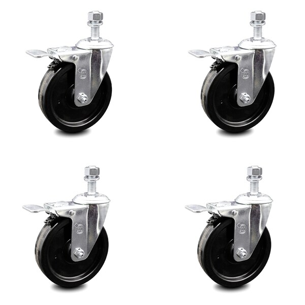 5 Inch Phenolic Swivel 1/2 Inch Threaded Stem Caster Set with Total Lock Brake SCC